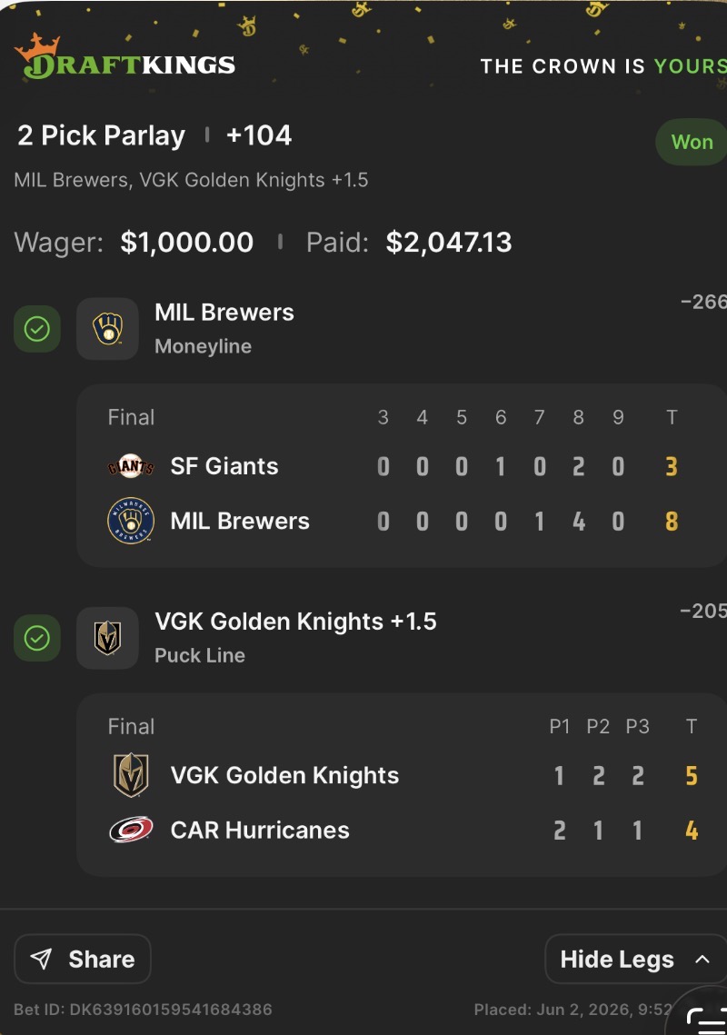 DraftKings receipt showing $1,000 wager paid $2,047.13 for MIL Brewers ML and VGK Golden Knights +1.5