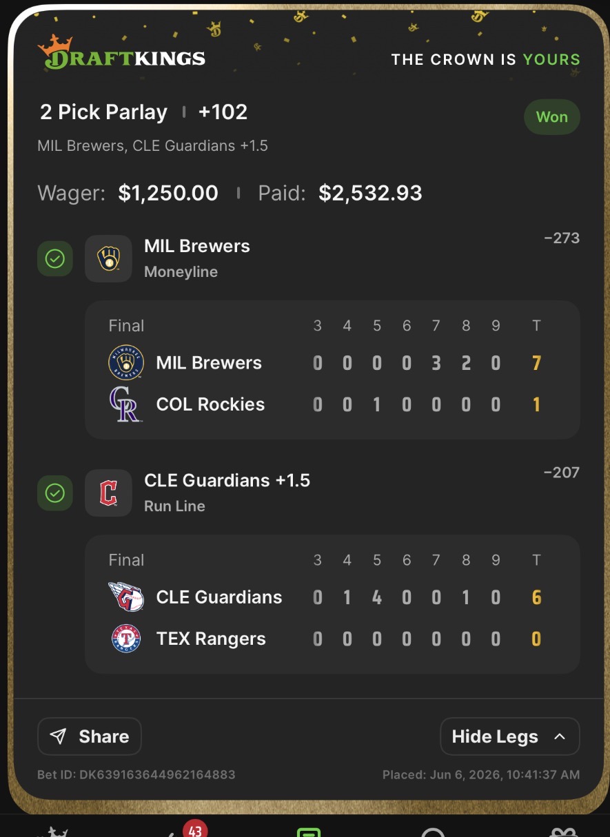 DraftKings receipt showing $1,250 wager paid $2,532.93 for MIL Brewers ML and CLE Guardians +1.5