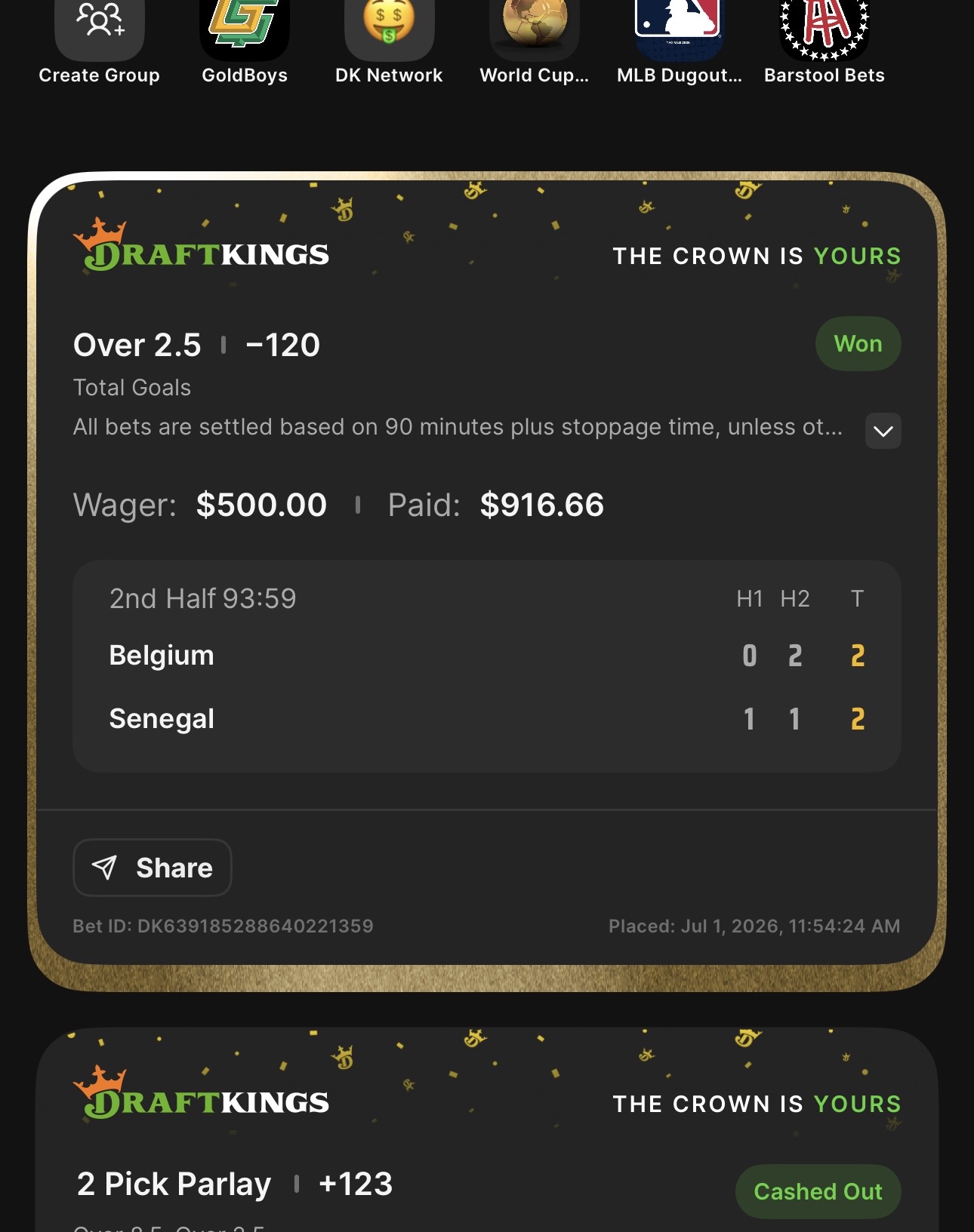 DraftKings receipt showing $500 wager paid $916.66 for Belgium vs Senegal over 2.5 total goals