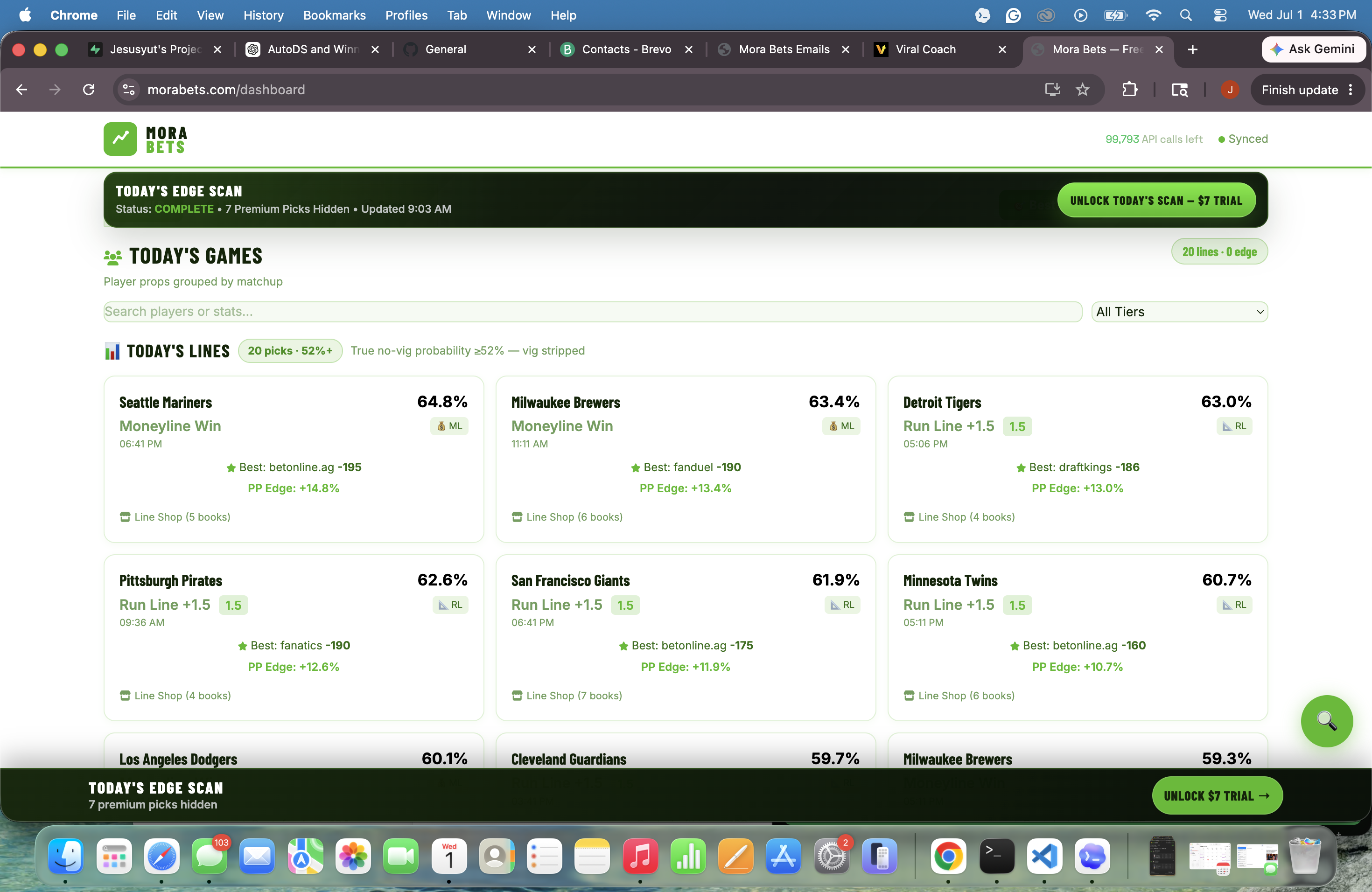 Mora Bets dashboard showing today's no-vig board with probabilities and best available lines